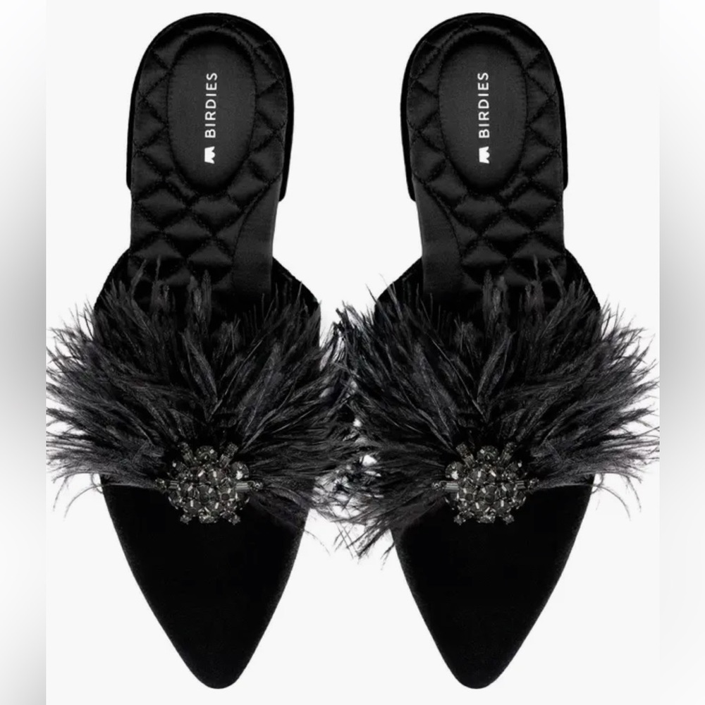 Birdies Dove Black Feathered Mules - Sz. 10 - New in Box - Picture 7 of 14